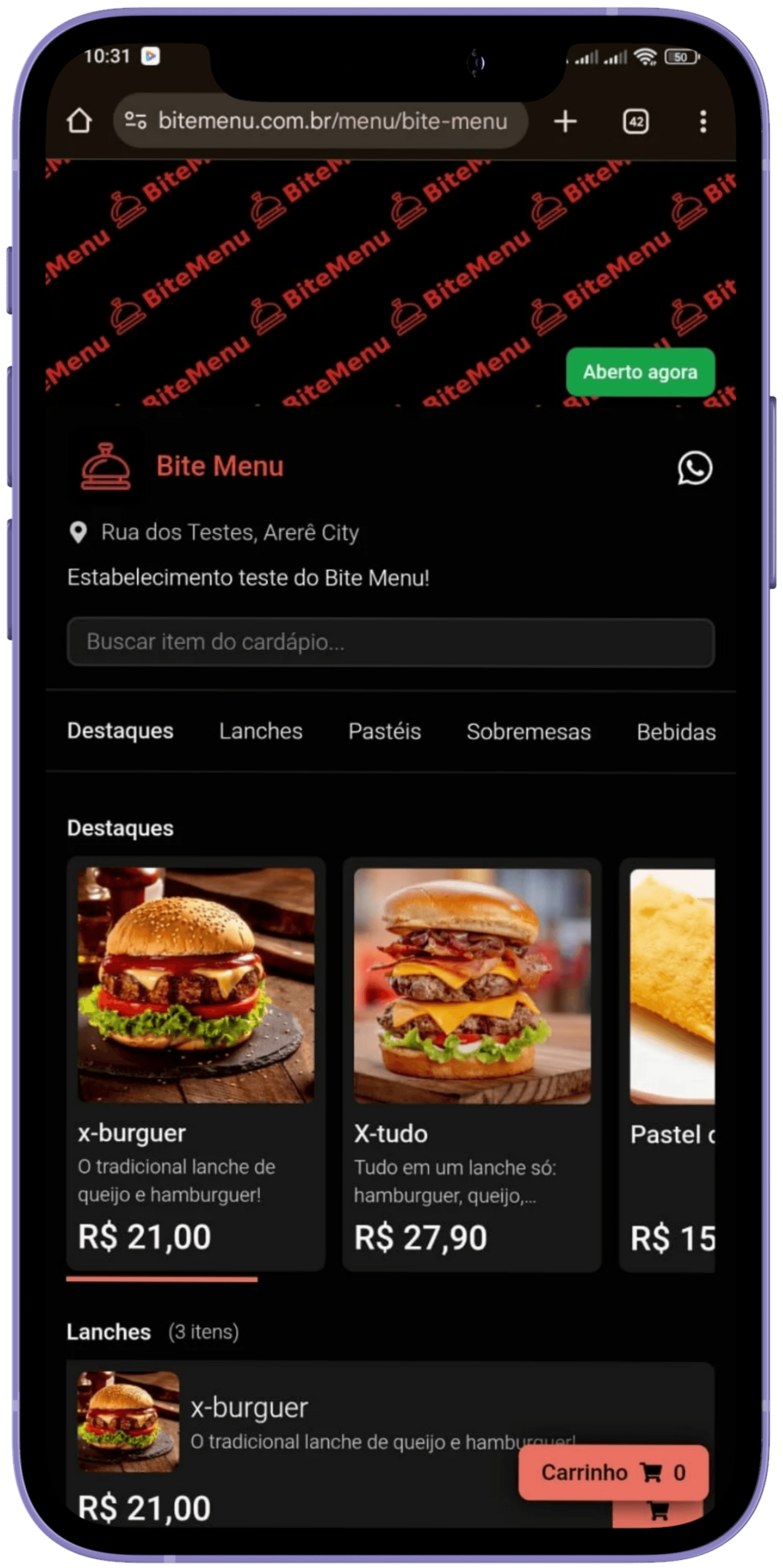 Cardápio do Bite Menu visto pelo cliente