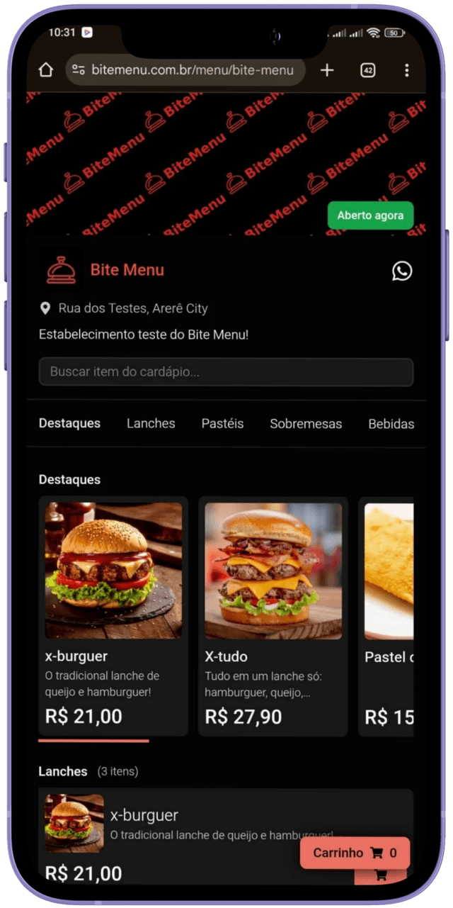 imagem de um menu do Bite Menu
